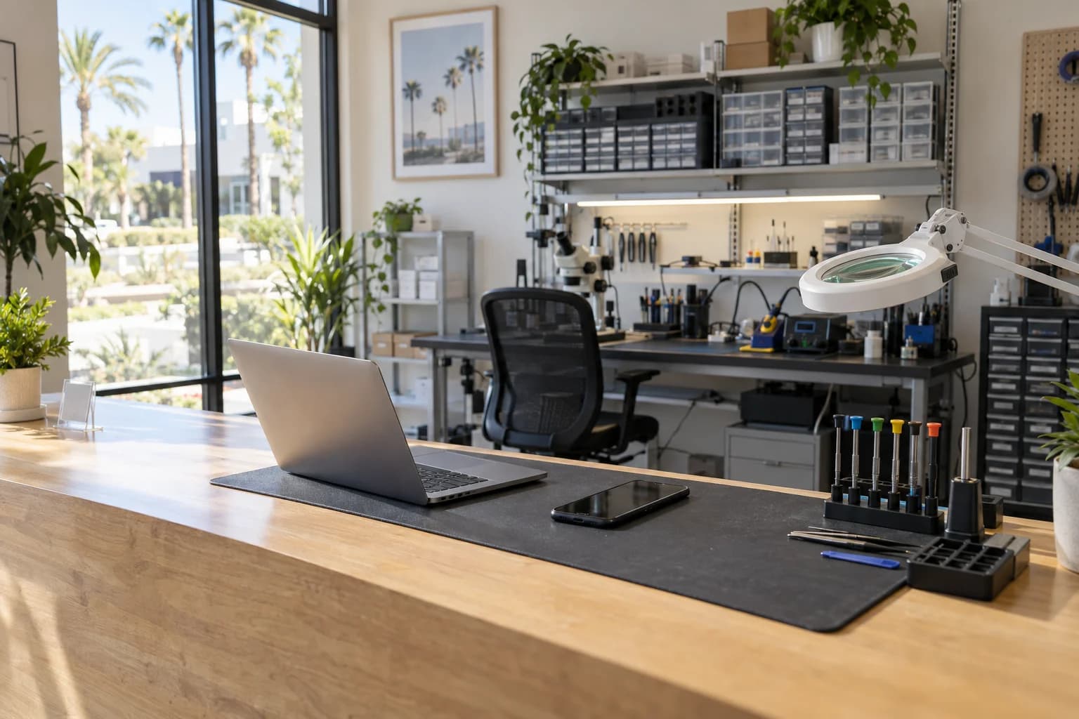 Computer repair shop front counter in Irvine with a MacBook and iPhone on a repair mat and a set of precision screwdrivers, and behind it a technician bench with a microscope, magnifier lamp, soldering station, and labeled parts bins, palm trees outside the window